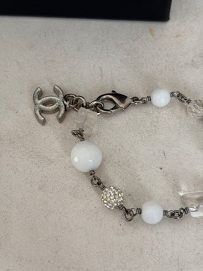 Chanel White and Silver Beaded Logo Bracelet