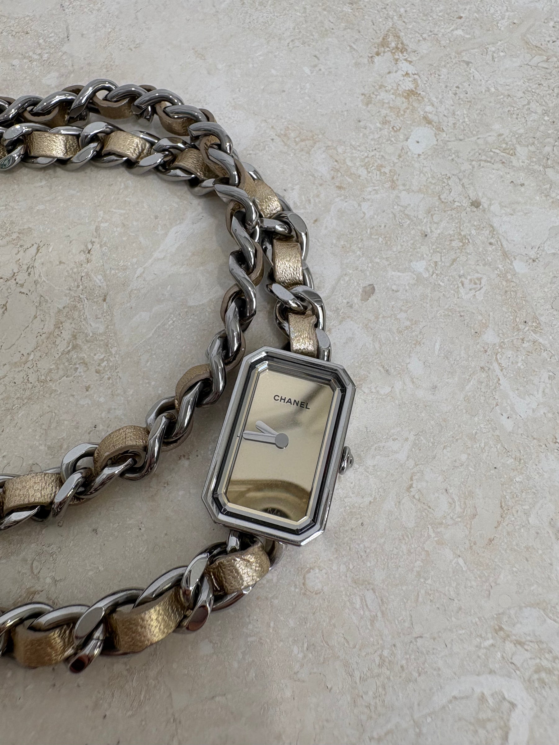 Chanel Gold Leather and Silver Chain Wrap Around Premiere Watch