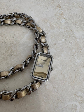 Chanel Gold Leather and Silver Chain Wrap Around Premiere Watch