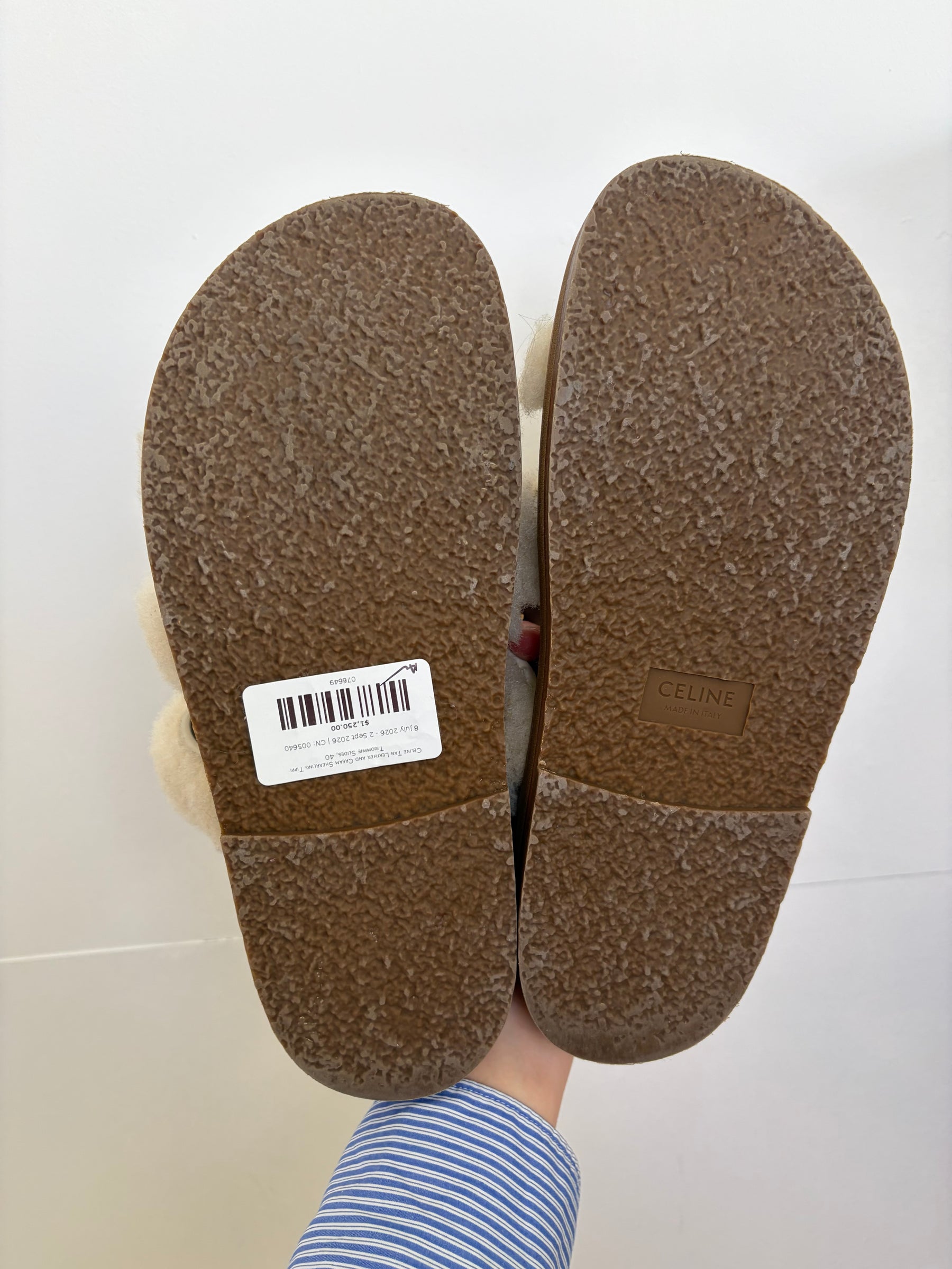 Celine Tan Leather and Cream Shearling Tippi Triomphe Slides, 40