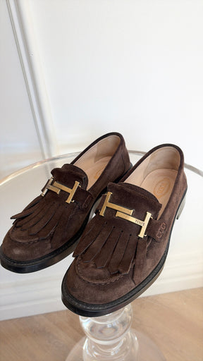 Tod's Brown Suede Loafers With Fringe, 37.5