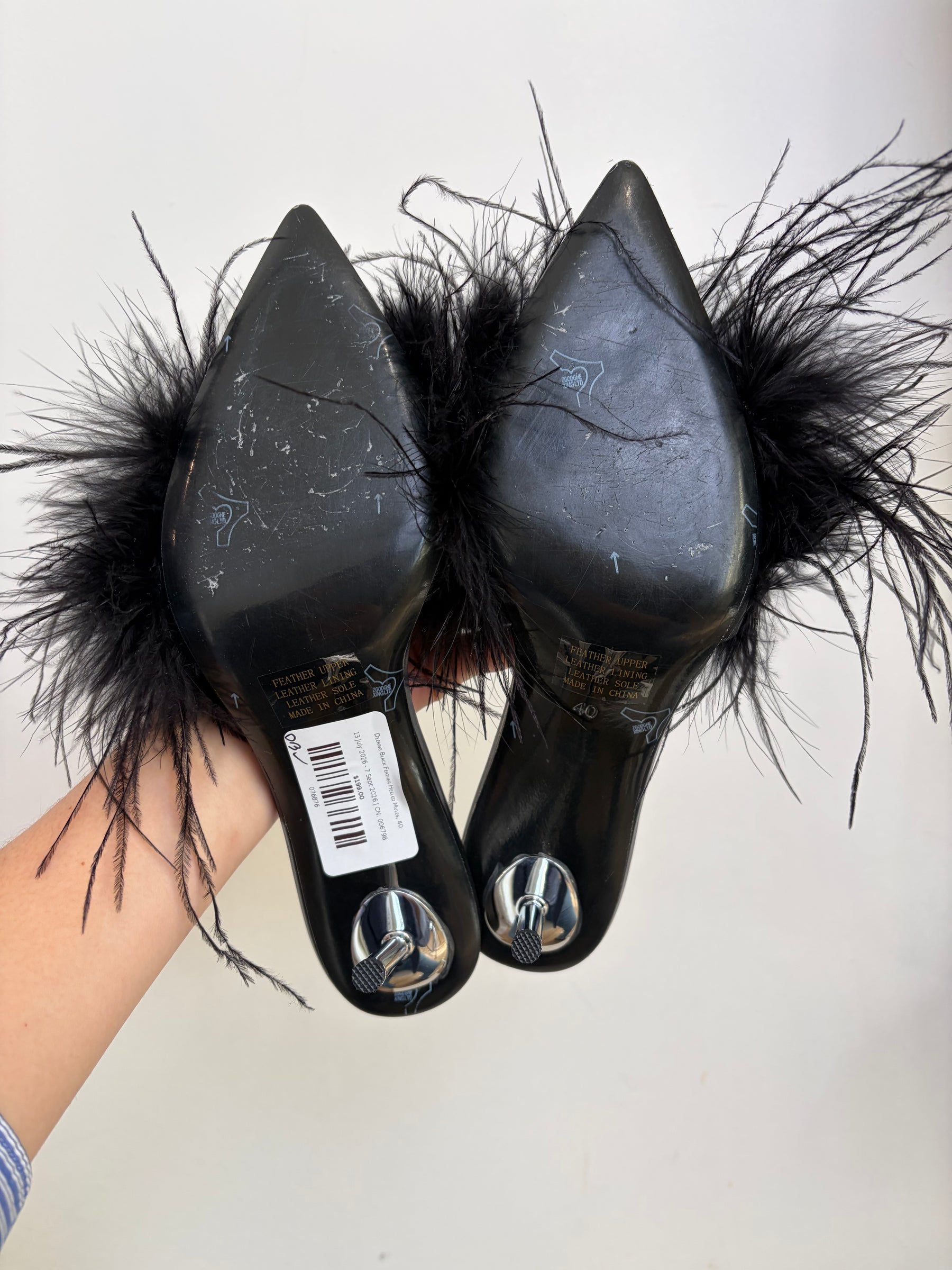 Deering Black Feather Heeled Mules, 40