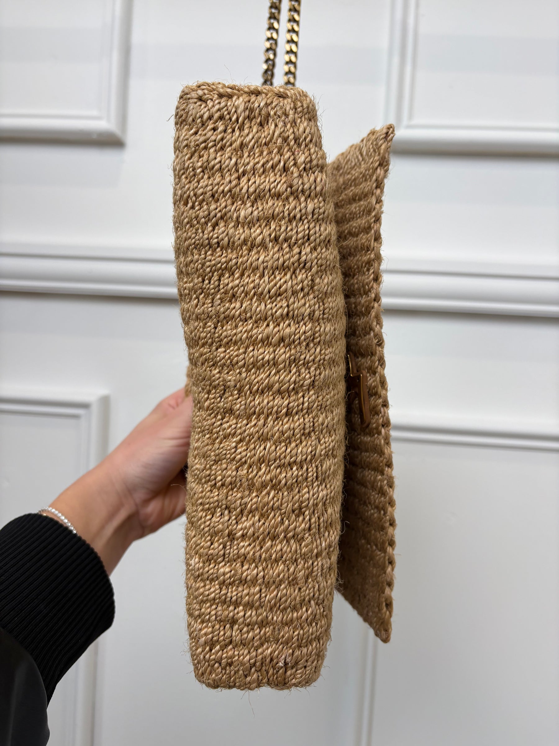 Saint Laurent Raffia Envelope Shoulder Bag Cassandre Logo Chain Strap