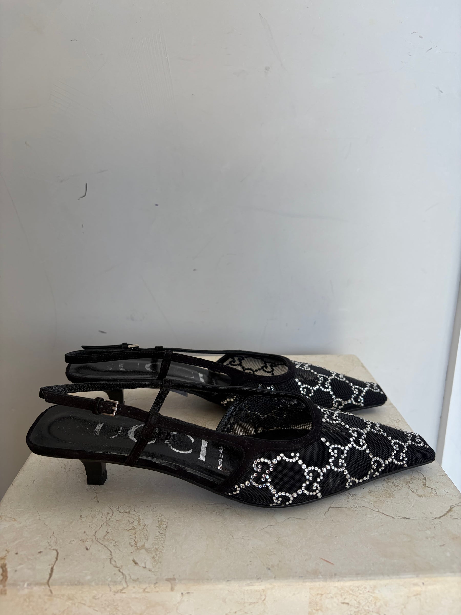 Gucci Black Crystal Monogram Mesh Slingback, 38.5