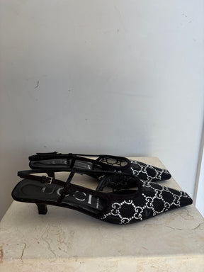 Gucci Black Crystal Monogram Mesh Slingback, 38.5