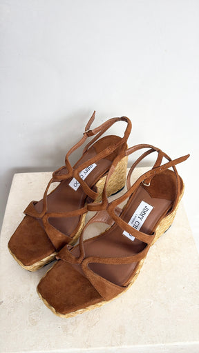Jimmy Choo Suede Raffia Wedge Sandals Tan, 38.5