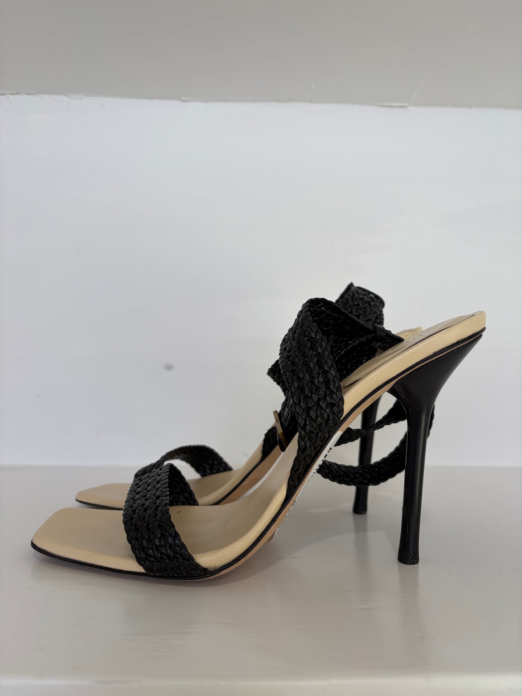 Gucci Black Braided Leather Ankle Strap Heels, 7.5 B
