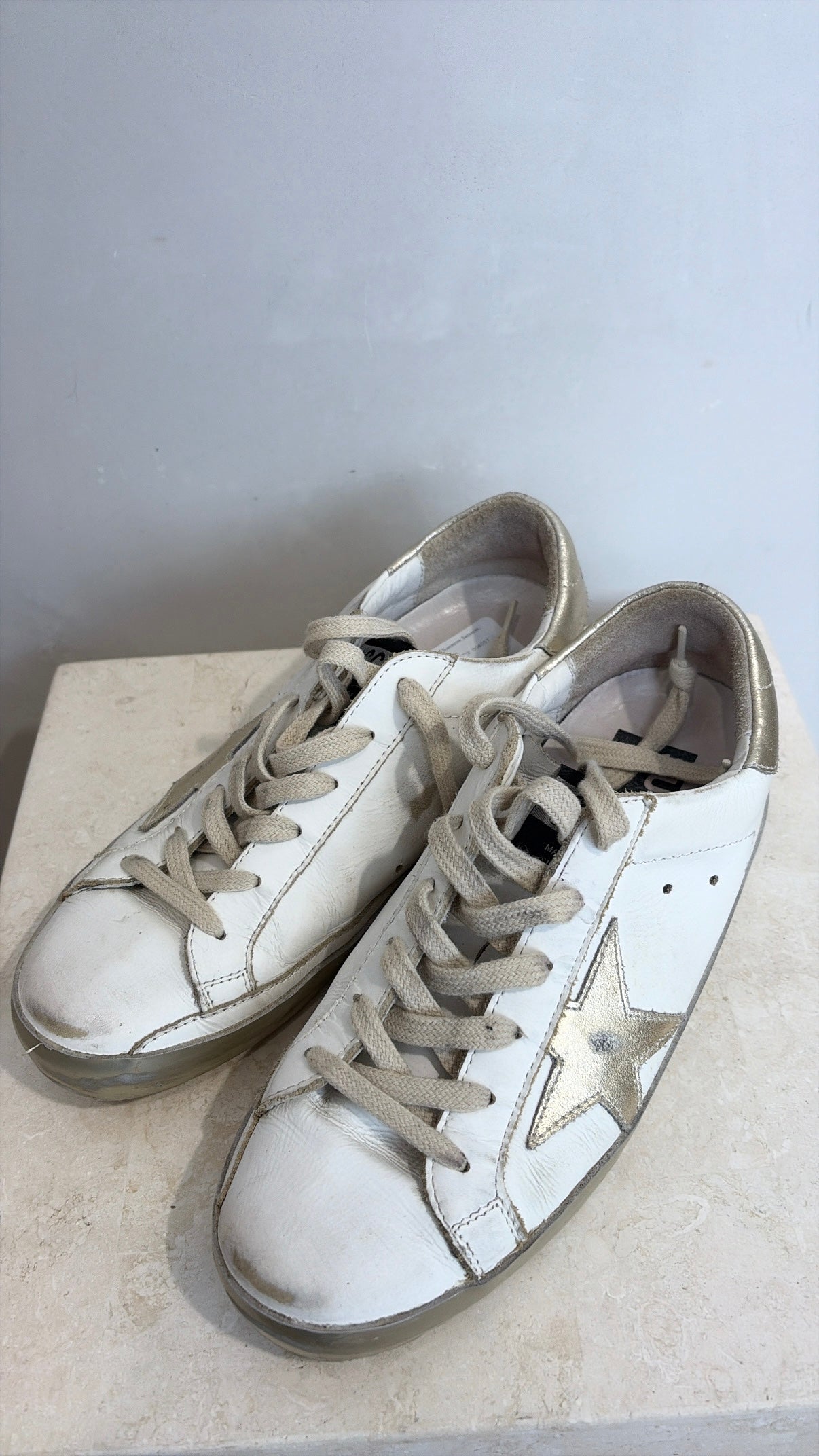 Golden Goose White and Gold Superstar Sneakers, 36