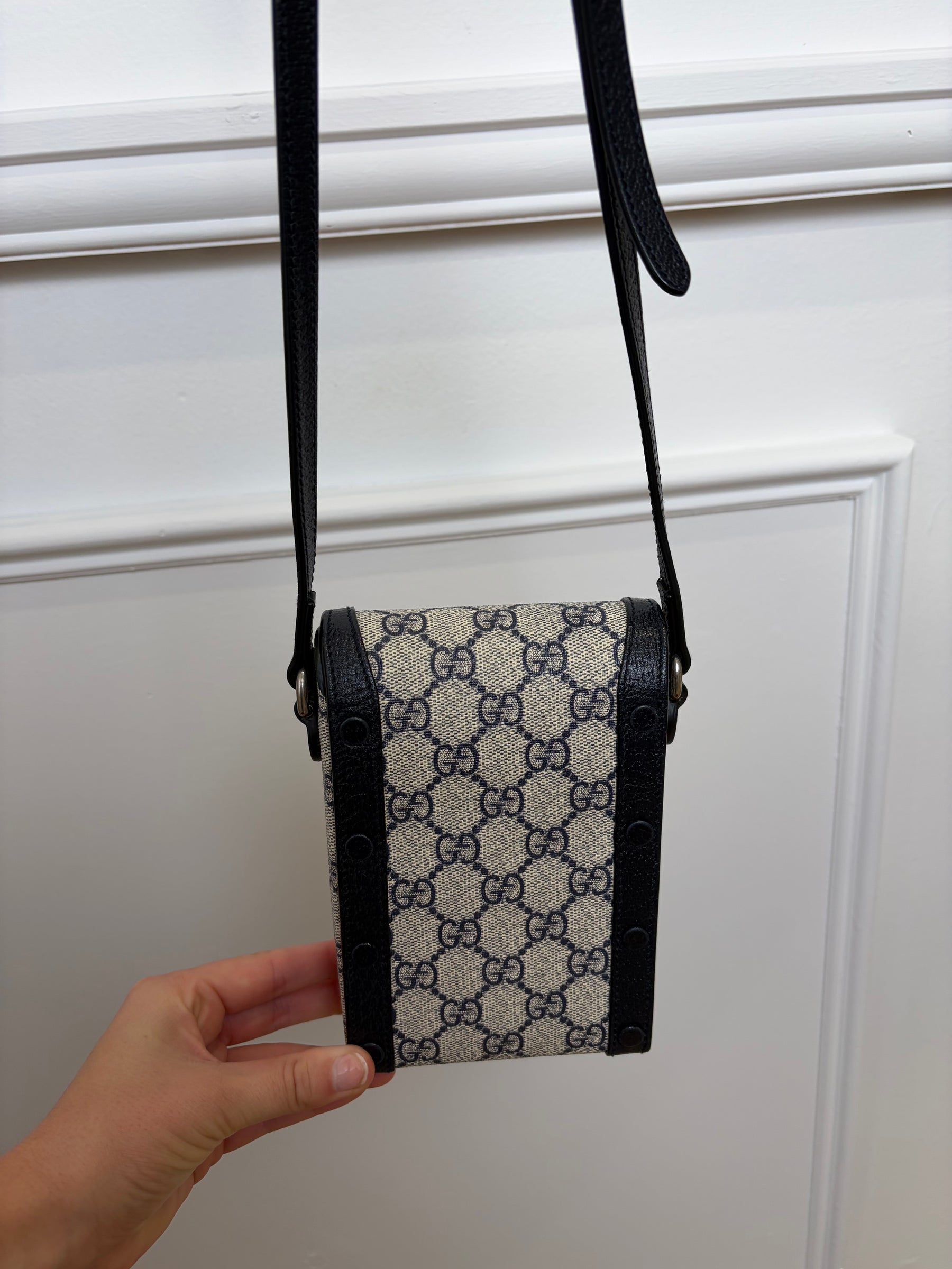 Gucci Beige Navy Canvas Mini Horsebit Cross Body Bag