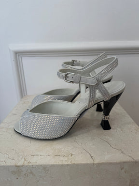 Chanel White Crystal Peep Toe Logo Heels, 38C