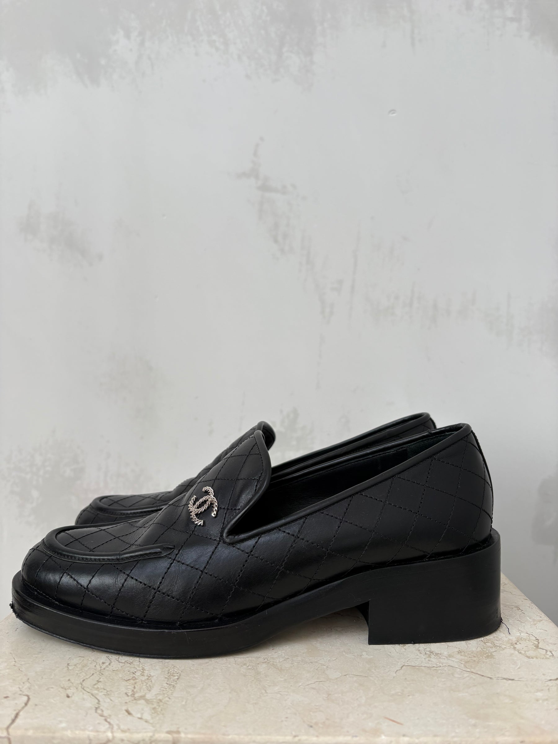 Chanel Black Quilted Calfkin Loafers, 39.5C