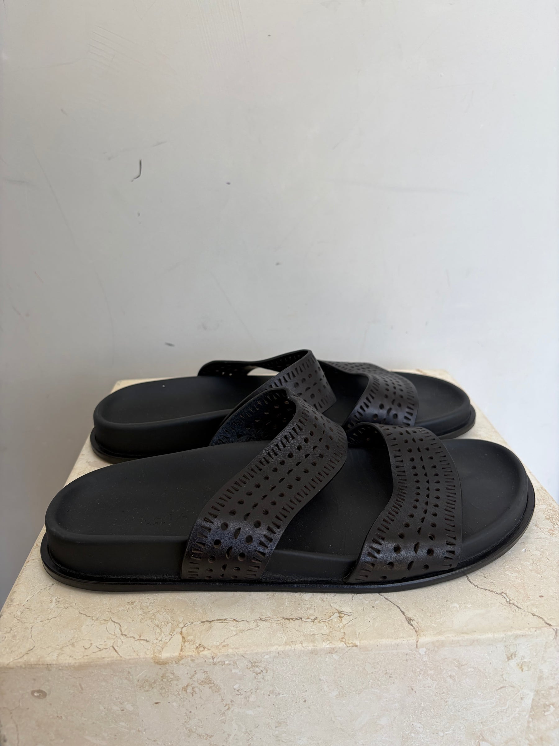 Alaia Black Laser Cut Slides, 40