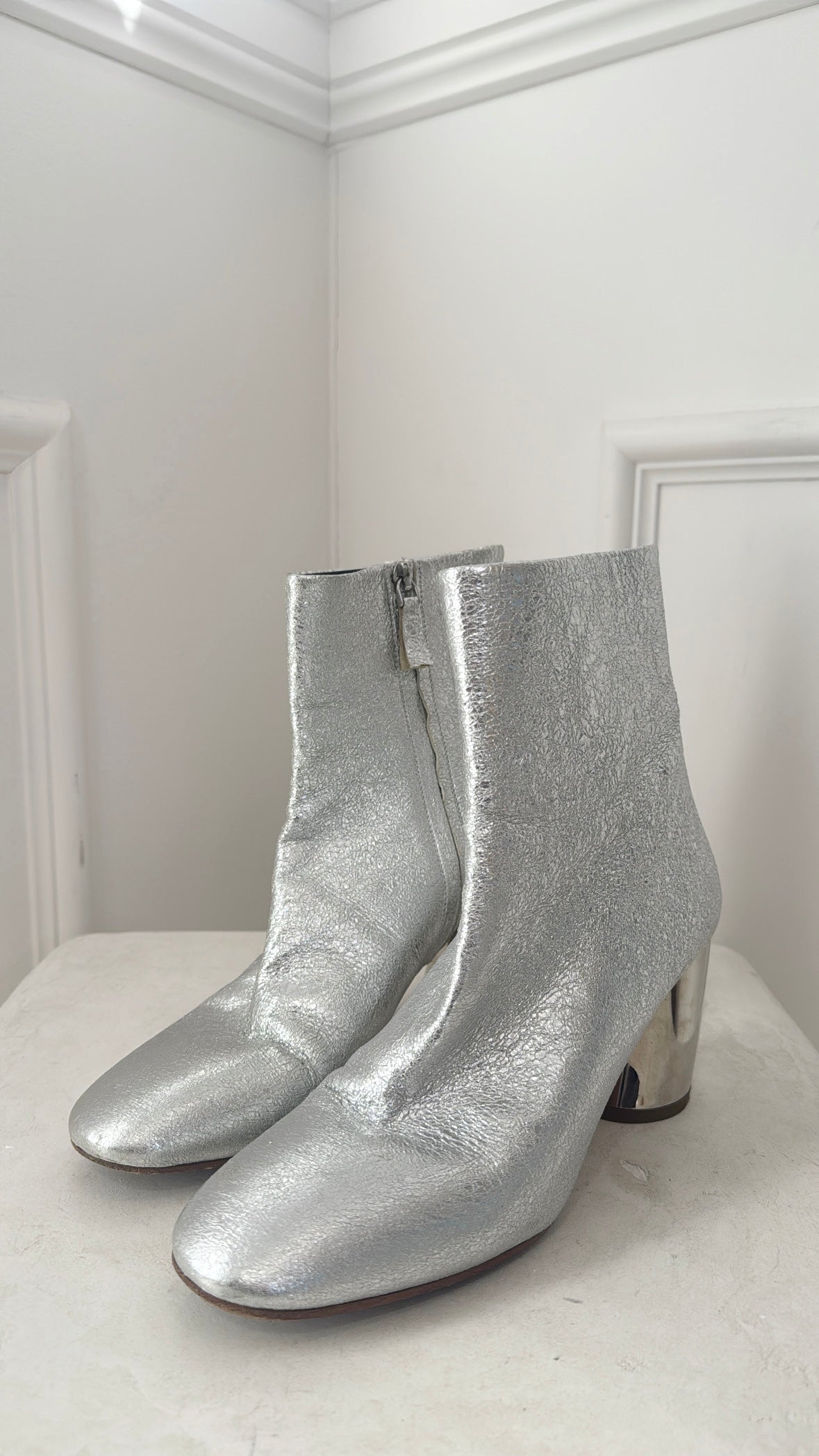 Proenza Schouler Silver Crinkle Heeled Ankle Boots, 38