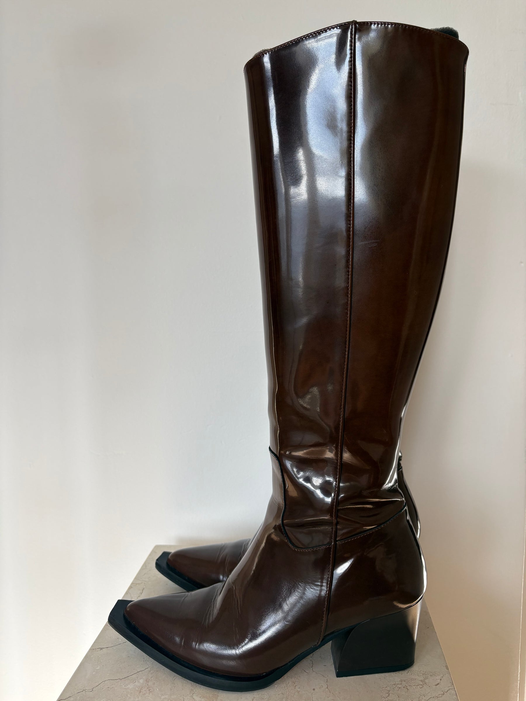 Tibi Brown Patent Leather Point Thigh High Boots, 37.5