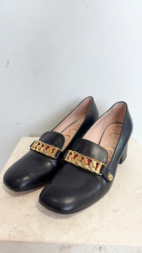 Gucci Black Leather Gold Chain Heeled Loafer, 38