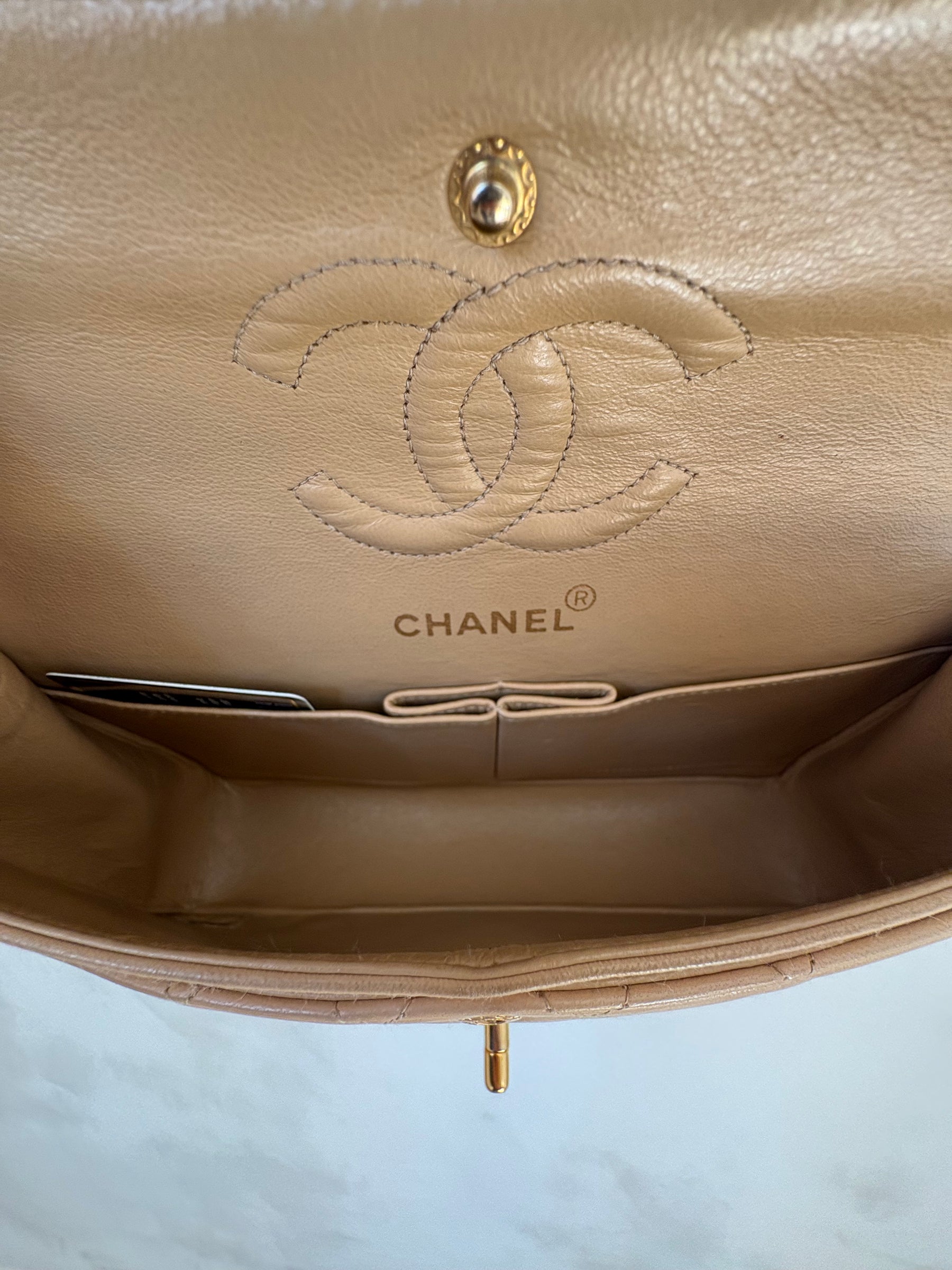Chanel Small Classic Flap in Beige Lambskin Leather