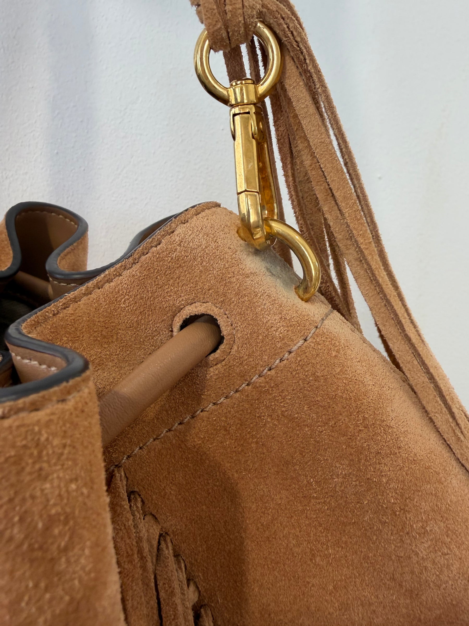 Jimmy Choo Toffee Suede Fringed Cinch Medium Bag
