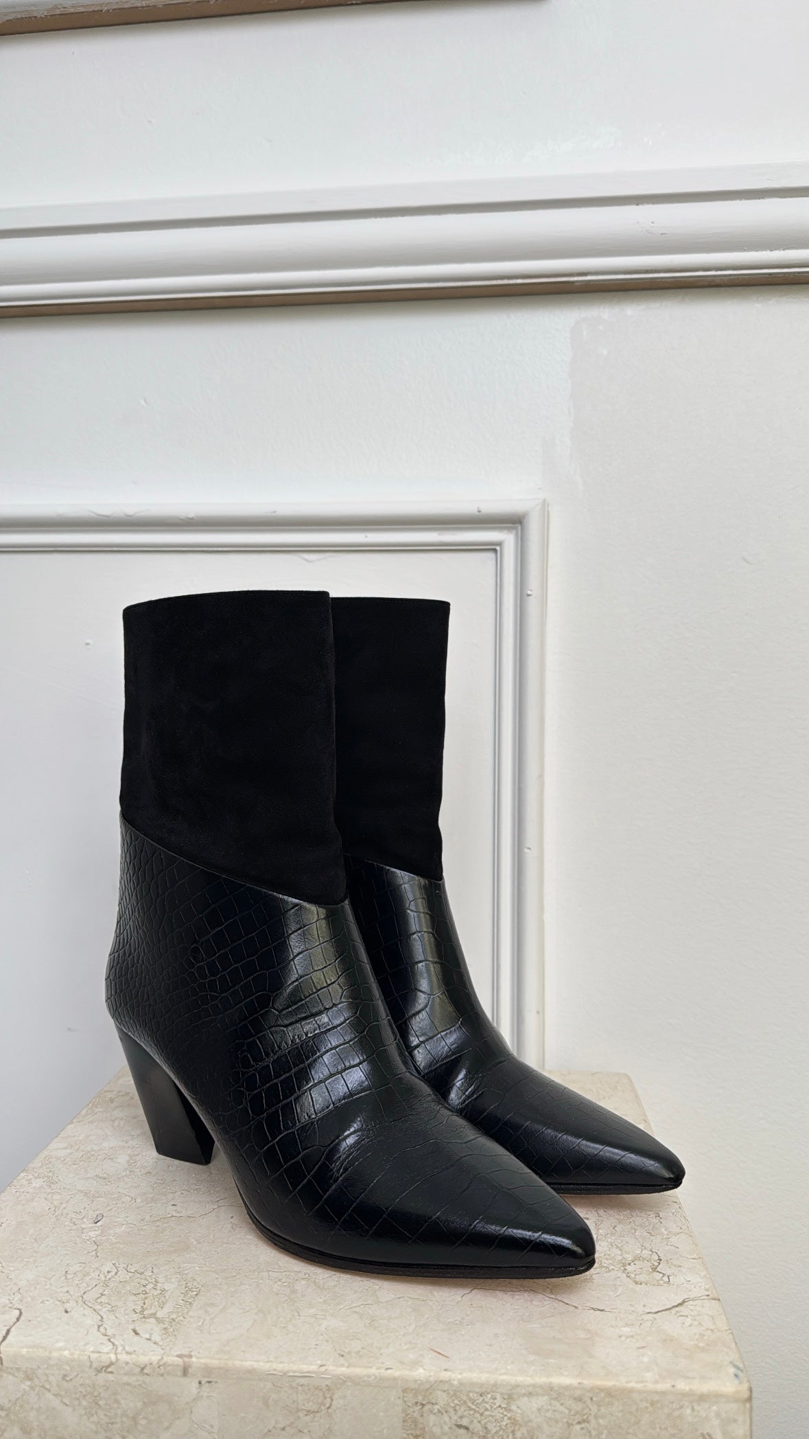 Jimmy Choo Black Croc Embossed Leather and Suede Ankle Boots, 39