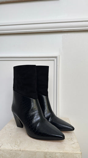 Jimmy Choo Black Croc Embossed Leather and Suede Ankle Boots, 39