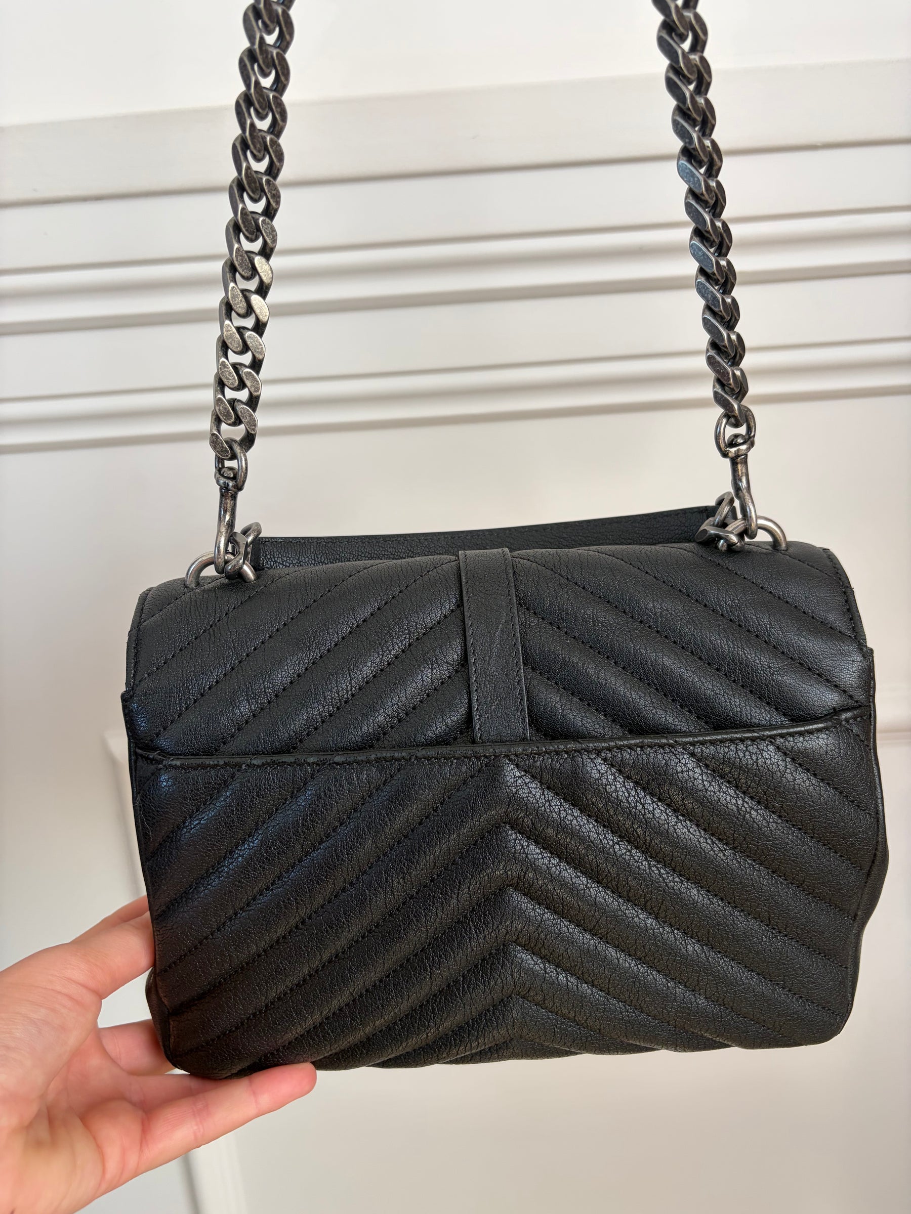Saint Laurent Black Chevron Leather Medium College Bag