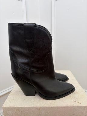 Isabel Marant Black Leather Western Ankle Boots, 38