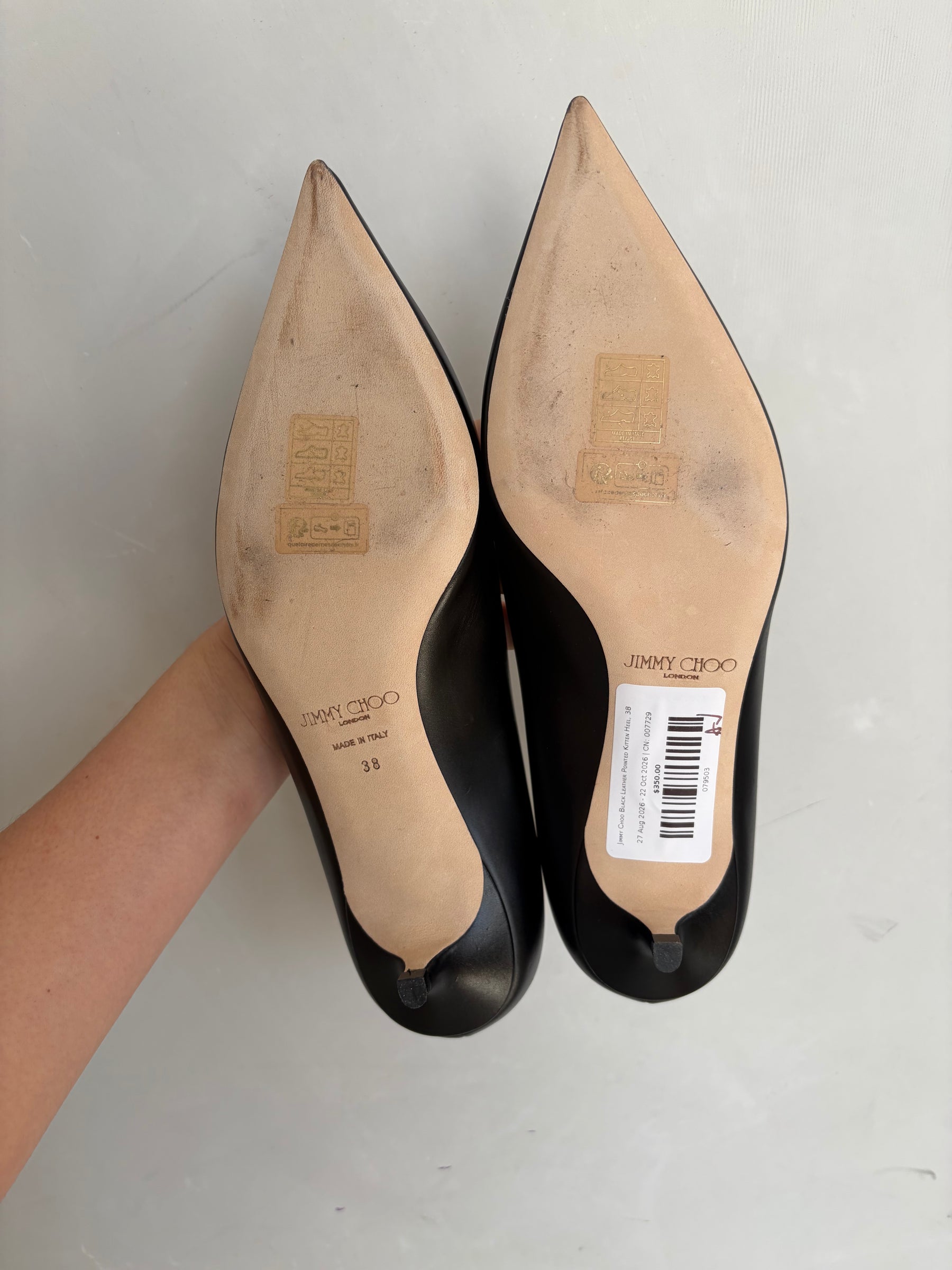 Jimmy Choo Black Leather Pointed Kitten Heel, 38
