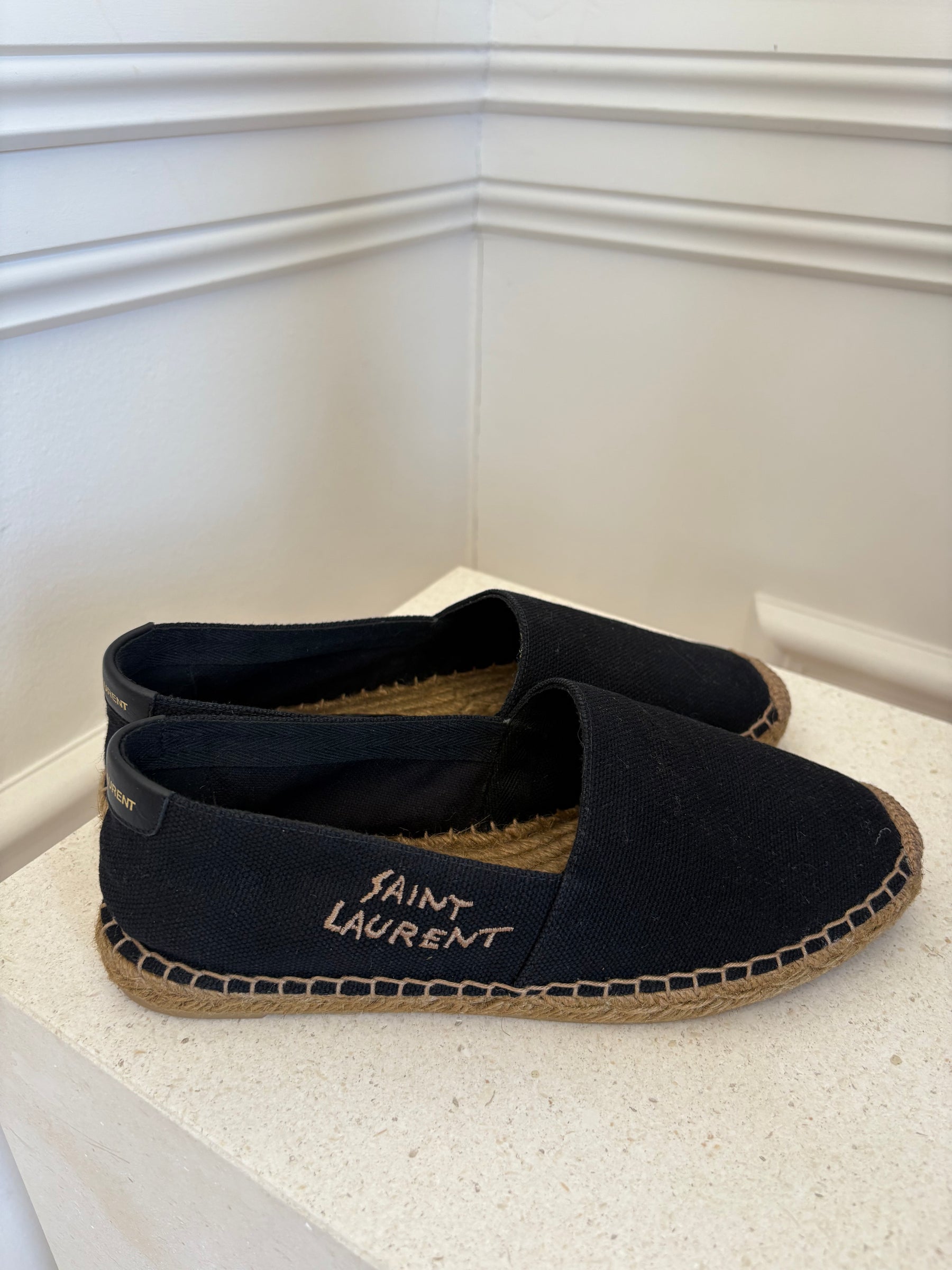 Saint Laurent Black Canvas Logo Espadrilles, 38.5