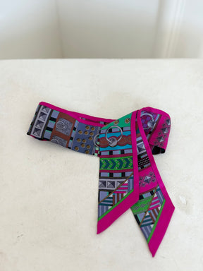 Hermès Pink and Green Printed Silk Twilly