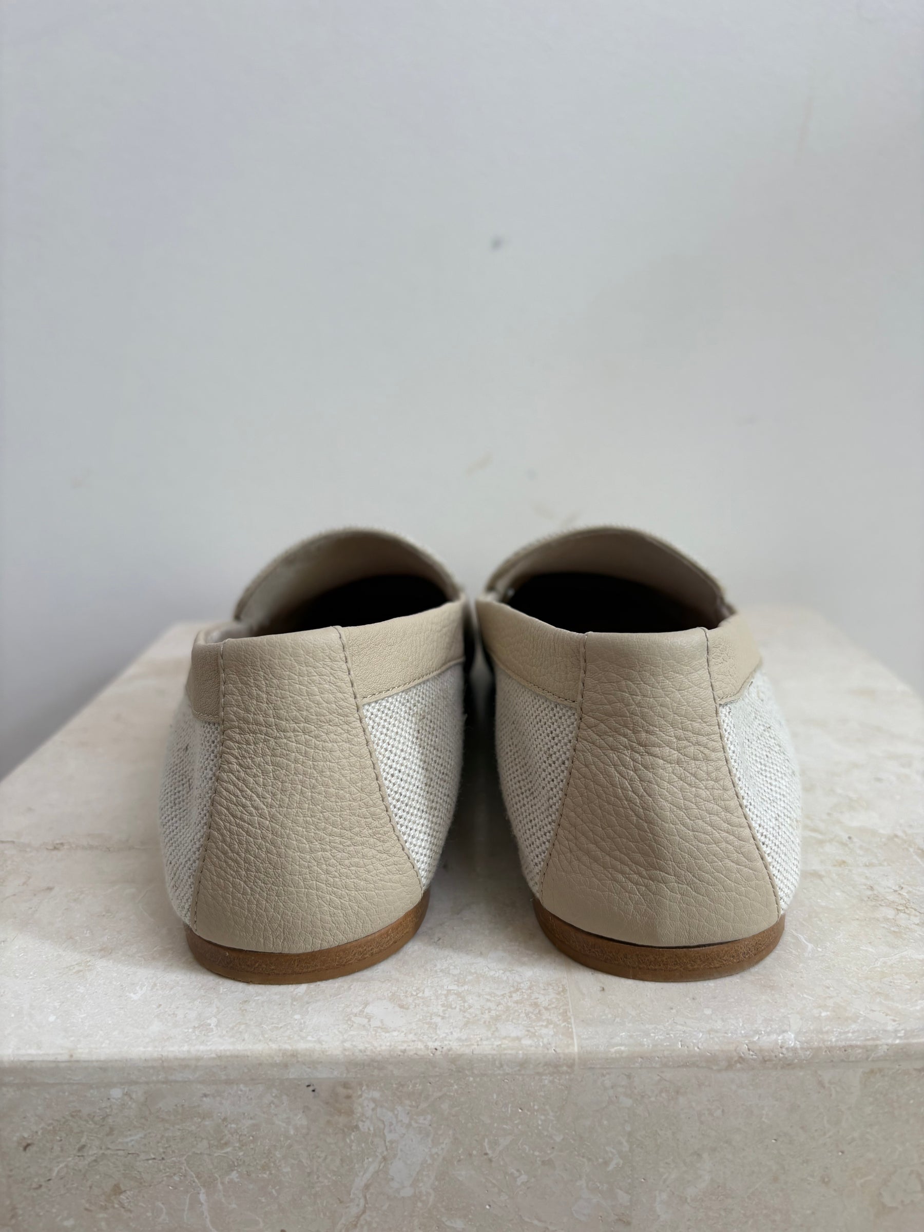 Khaite Cream Canvas Square Tie Loafers, 39
