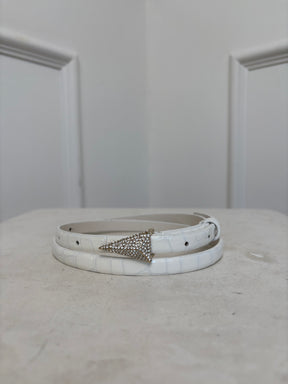 Scanlan Theodore White Leather Croc Effect Diamond Crystal Buckle Belt, M