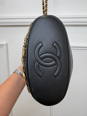 Chanel Black Lambskin Leather Charm Bucket Bag