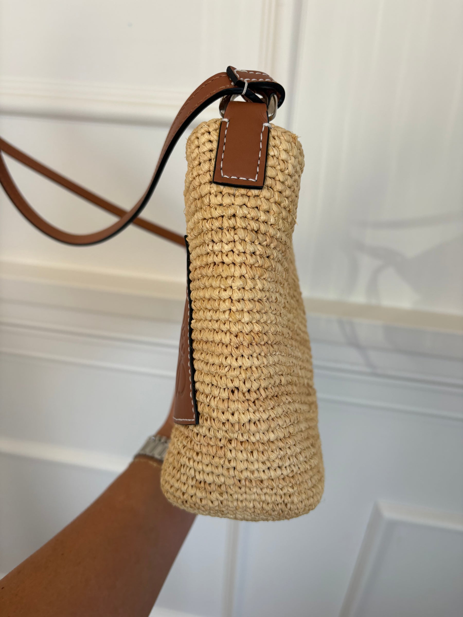 Loewe Raffia and Tan Leather Slit Pochette Crossbody Bag