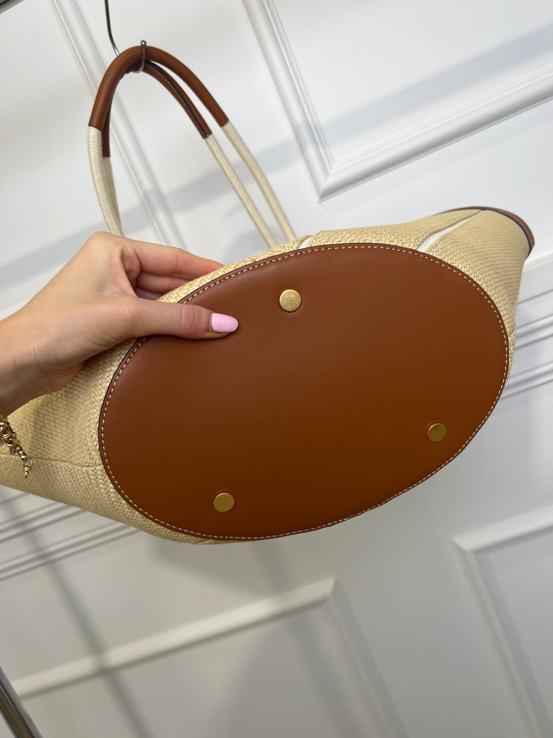 Oroton Straw Chevron Leather Trimmed Tote Bag