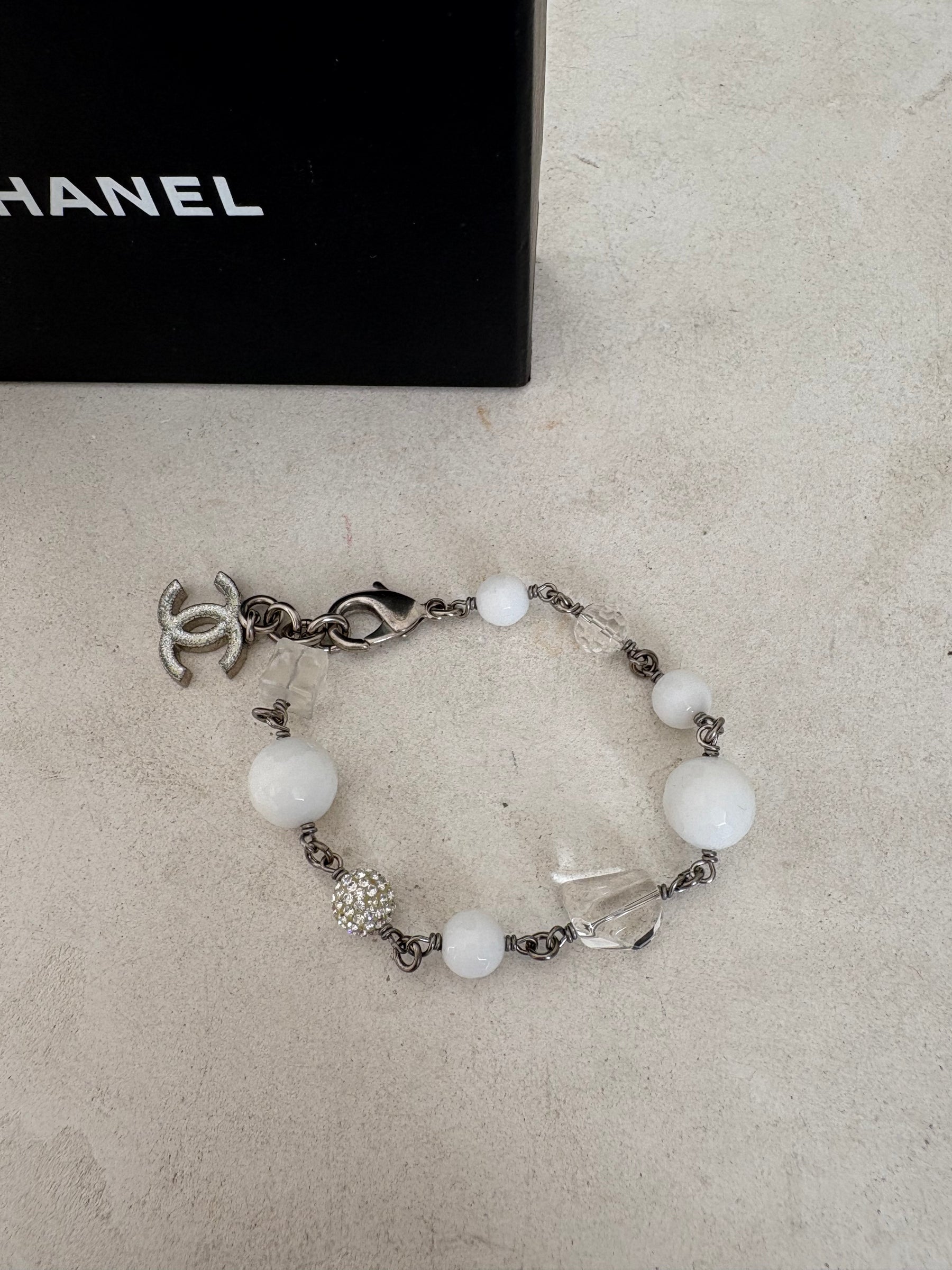 Chanel White and Silver Beaded Logo Bracelet