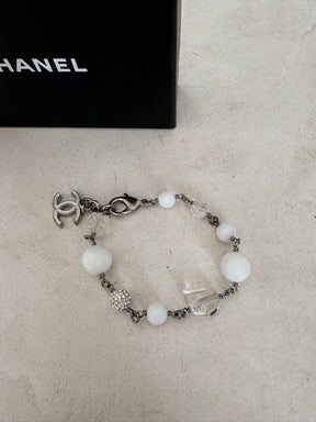 Chanel White and Silver Beaded Logo Bracelet