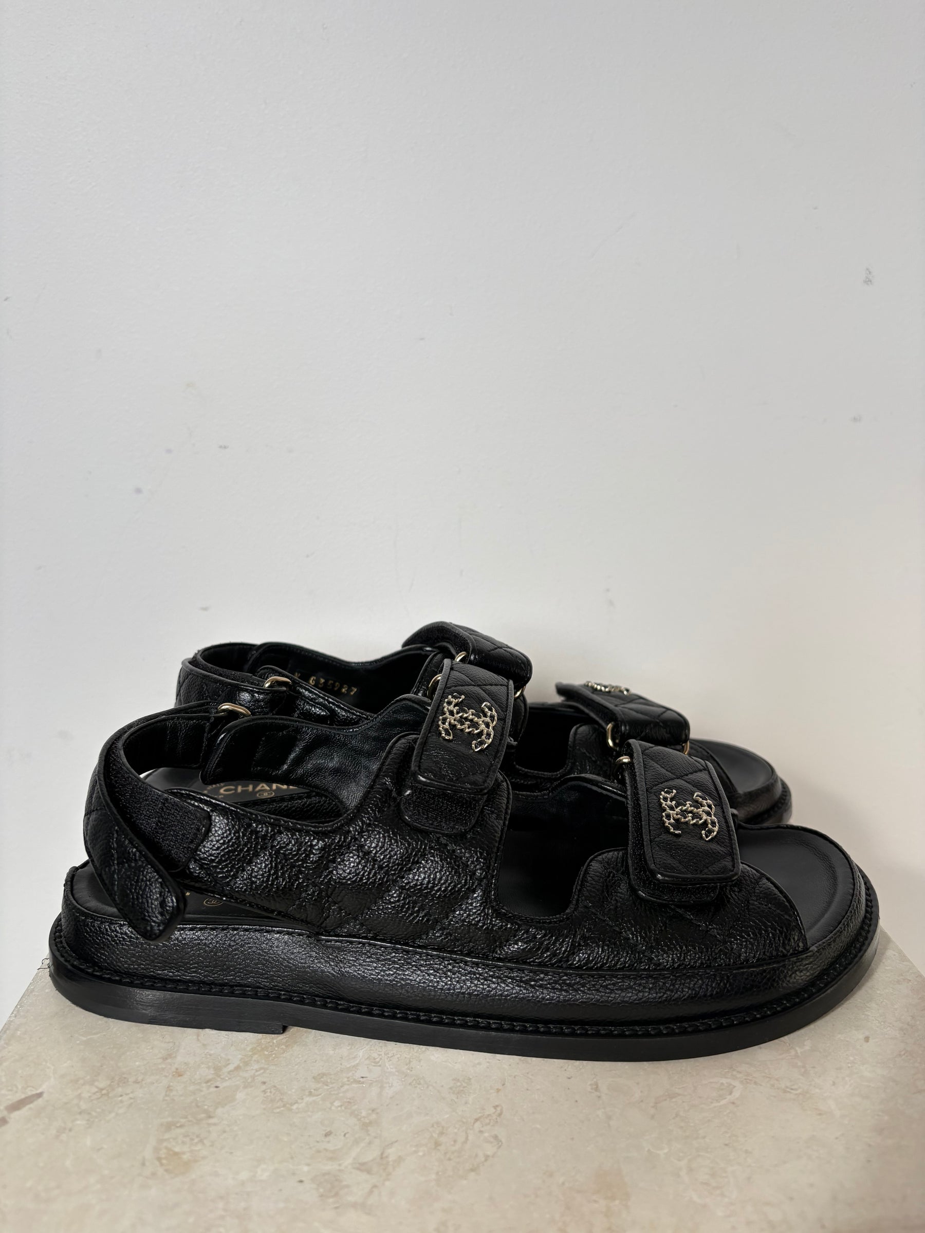 Chanel Black Caviar Leather Dad Sandals, 40 C