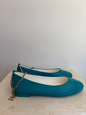 Chanel Teal Leather Gold Ankle Bracelet Strap Mary Janes, 40 C