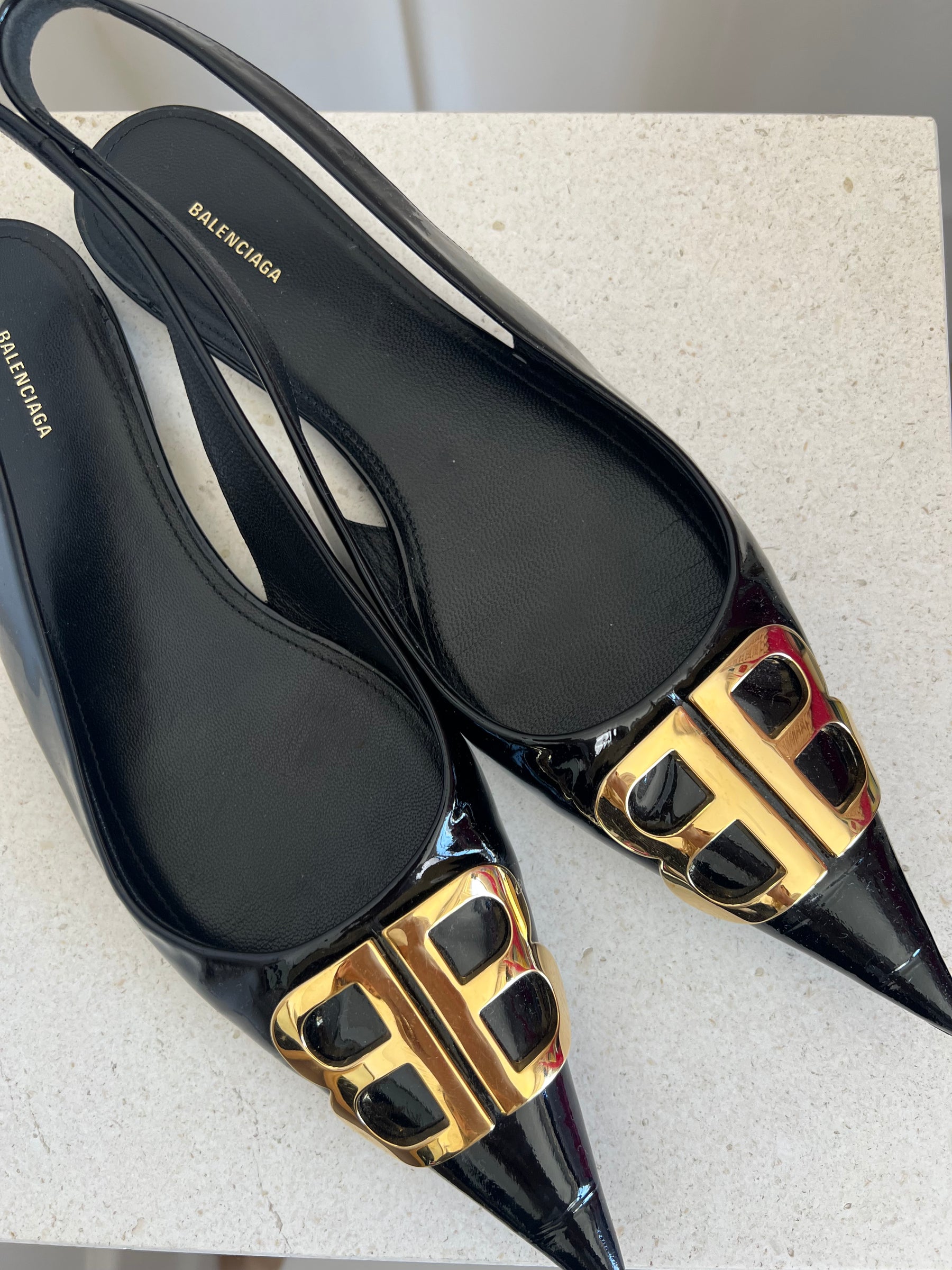 Balenciaga Black Patent Leather Slingback Flats, 39.5