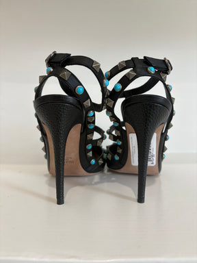 Valentino Rockstud Black Leather Cage Heels With Turquoise, 38