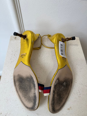 Gucci Gold Blue Red and White Strappy Bamboo Heel, 38.5