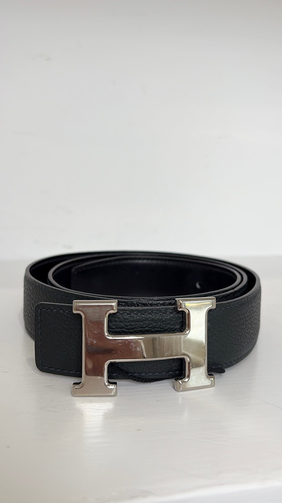 Hermès Black Reversible Leather Silver H Belt, 90