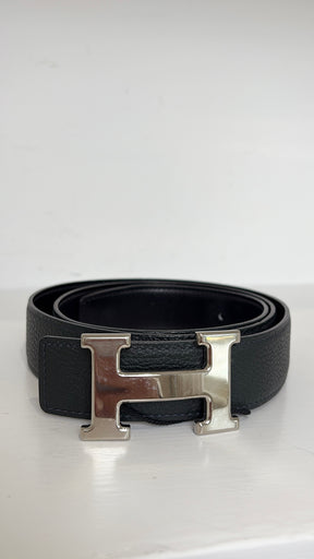 Hermès Black Reversible Leather Silver H Belt, 90