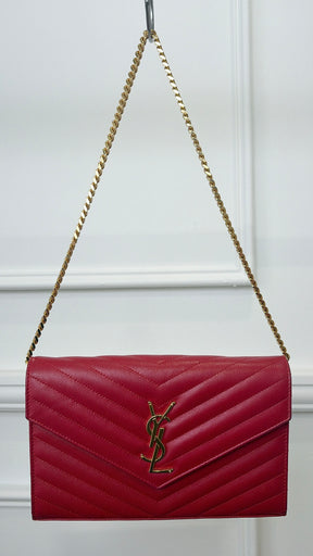 Saint Laurent Red Grained Chevron Leather Cassandre Chain Wallet