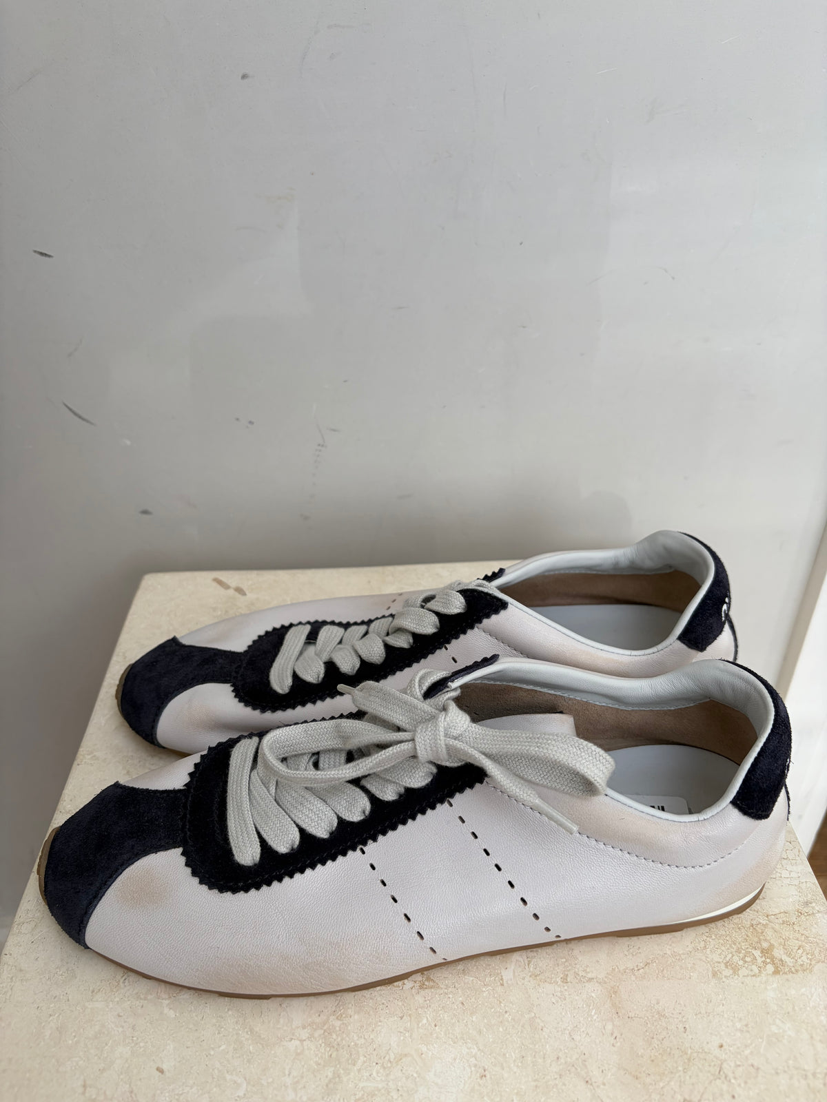 Miu Miu Plume Sneaker White and Navy With Distressing, 40
