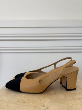 Chanel Beige Leather and Black Grosgrain Slingbacks, 36C