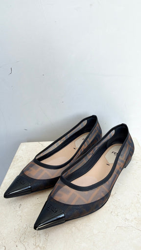 Fendi Colibri FF Mesh Pointed Ballerina Flats Tabacco Nero/Black, 37