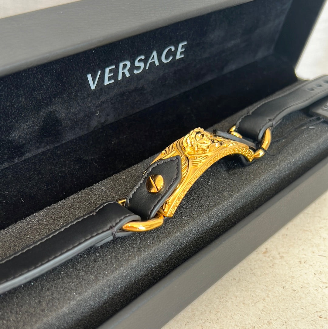 Versace Black Leather Bracelet with Gold Versace Head