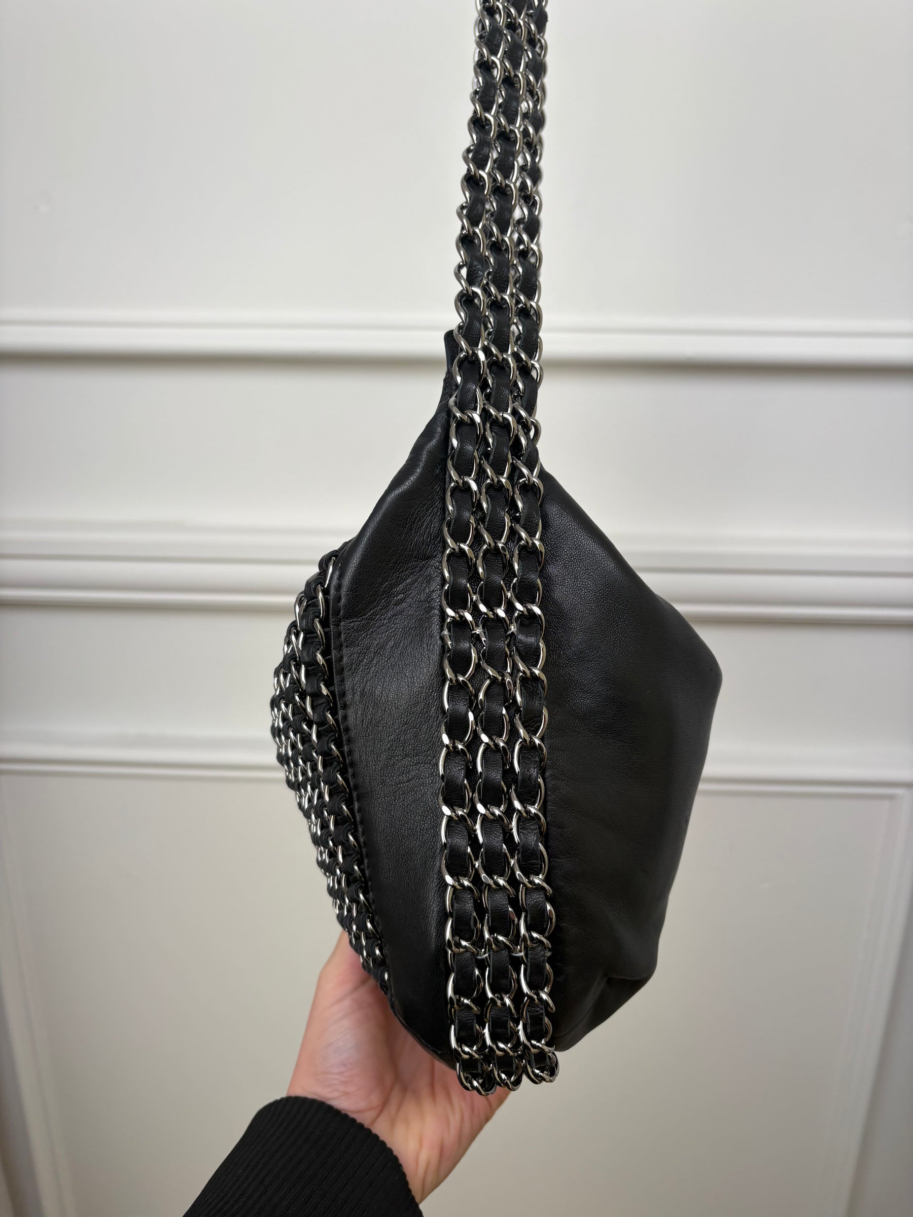 Chanel Lambskin Chain Hobo Bag Black Silver HW