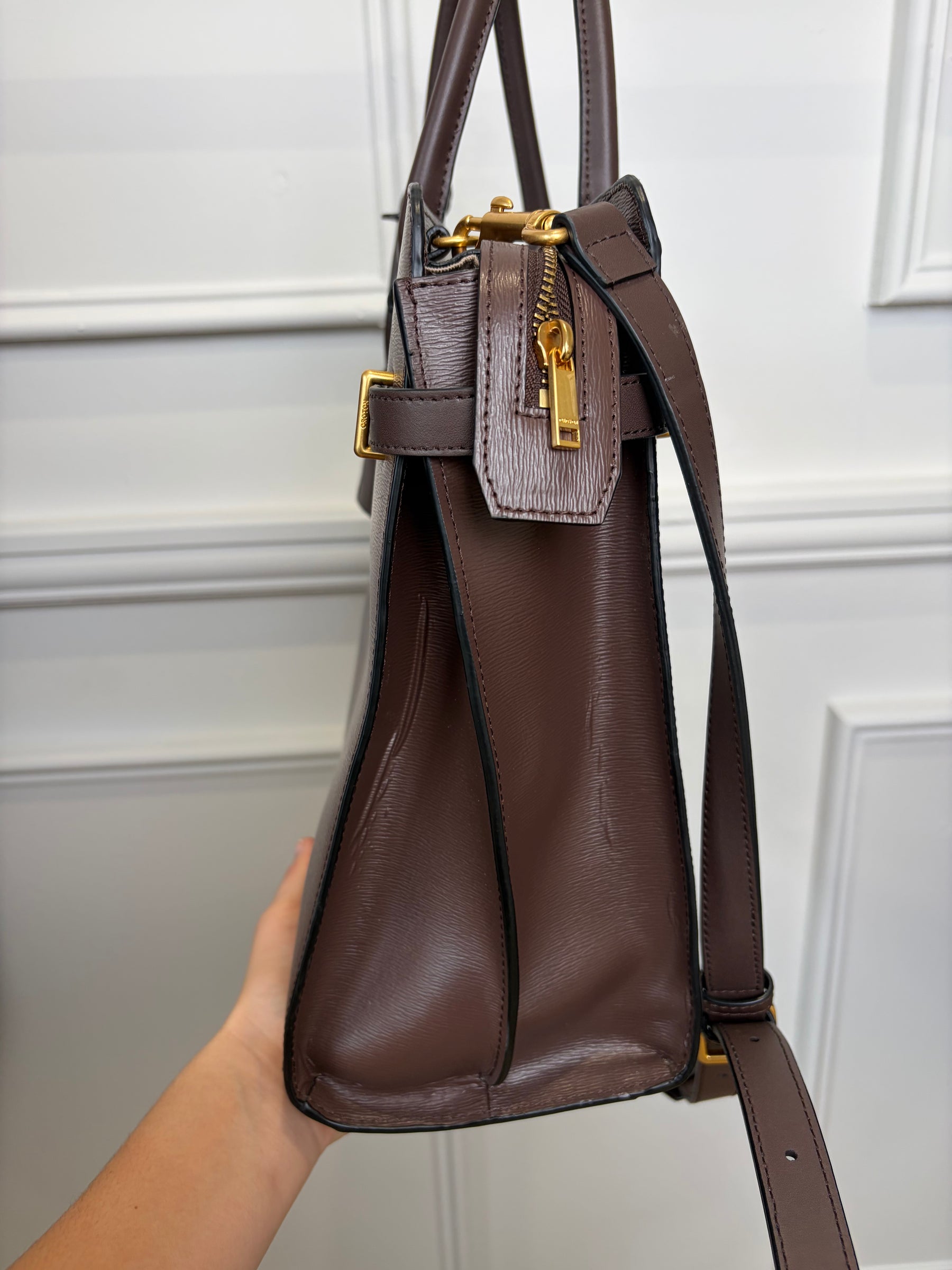 Oroton Brown Leather Top Handle Tote Bag