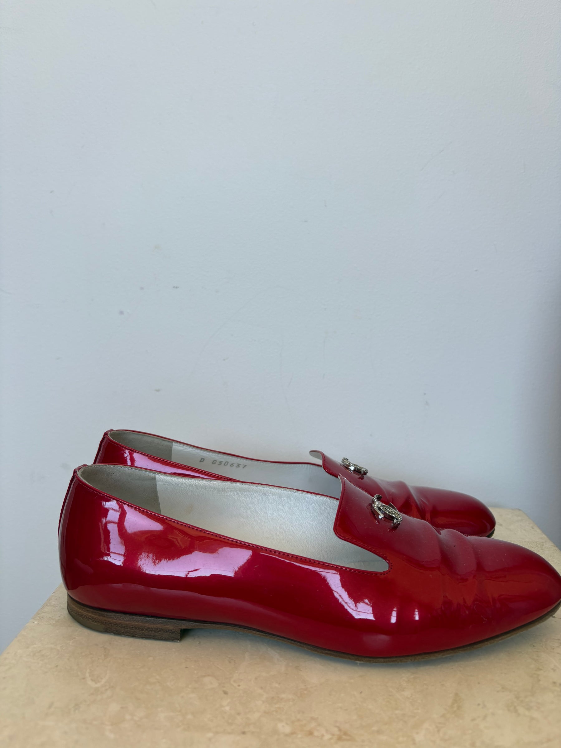 Chanel Red Patent Leather Loafers, 37.5 C